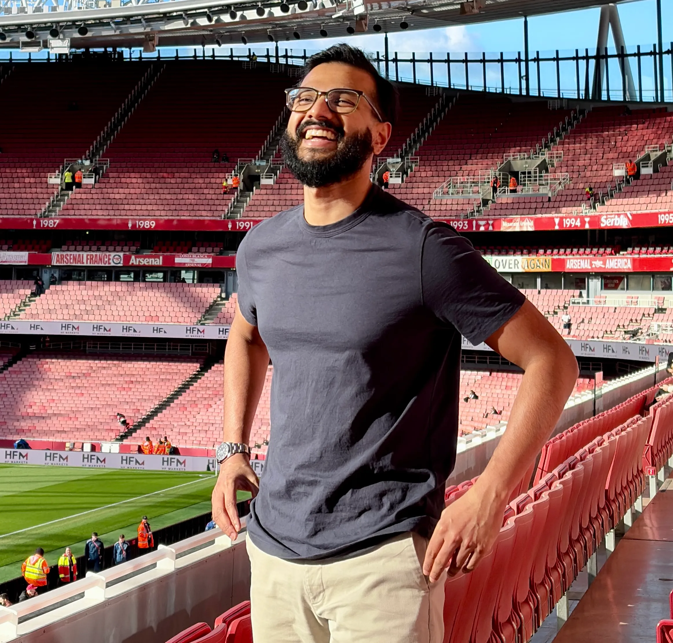 Farhaan Ahmed — international lawyer, photographed at the Emirates Stadium