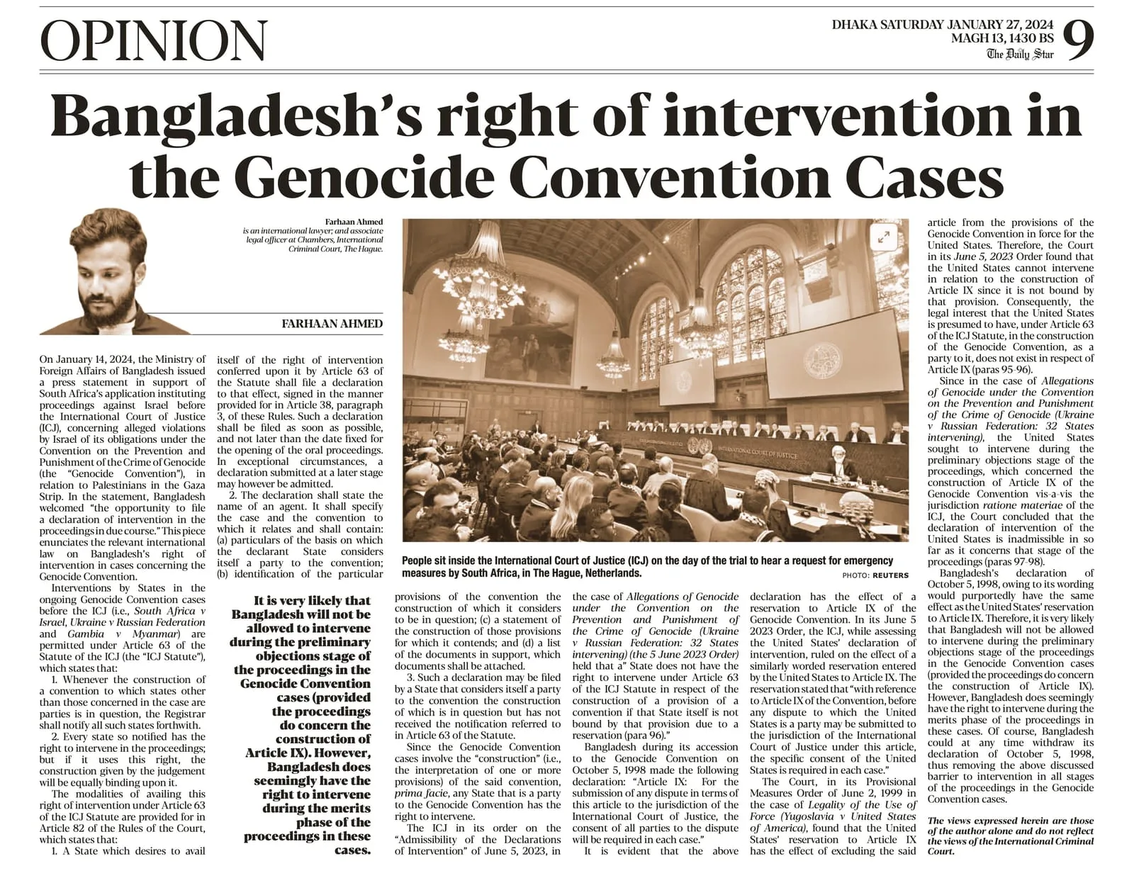 Print cutout from The Daily Star of Farhaan Ahmed's article on Bangladesh's right of intervention in the Genocide Convention cases